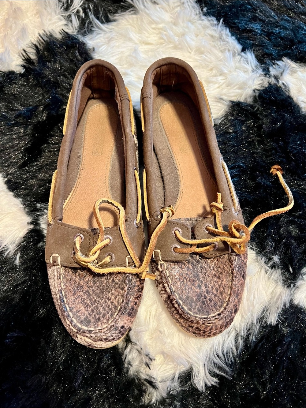 Sperry Brown Suede & Snakeskin-Print Moccasins with Tan Laces